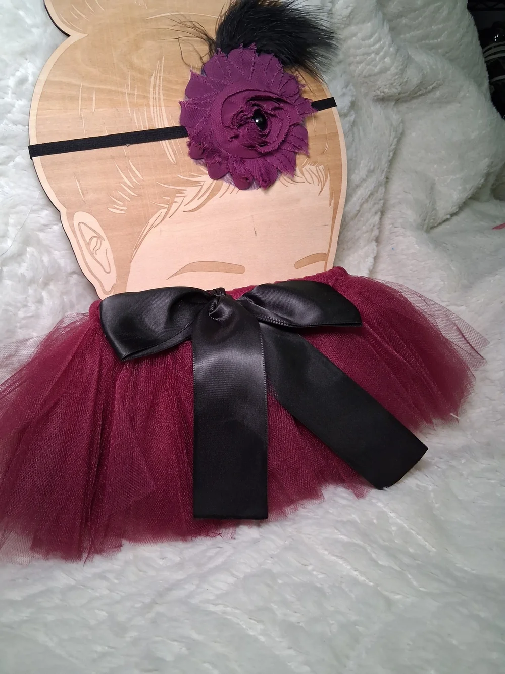 Girls Burgundy Flower Feather Headband With Tulle Skirt